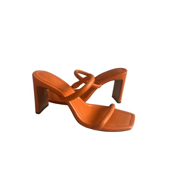 SCHUTZ Orange Leather Double Strap Sandals Heels Size 7.5 - Picture 3 of 11